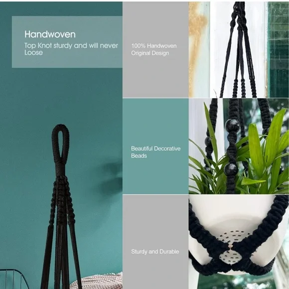 NEW Black Woven Rope Beaded Plant Pot Hangers (Set of 2) - Picture 3 of 7